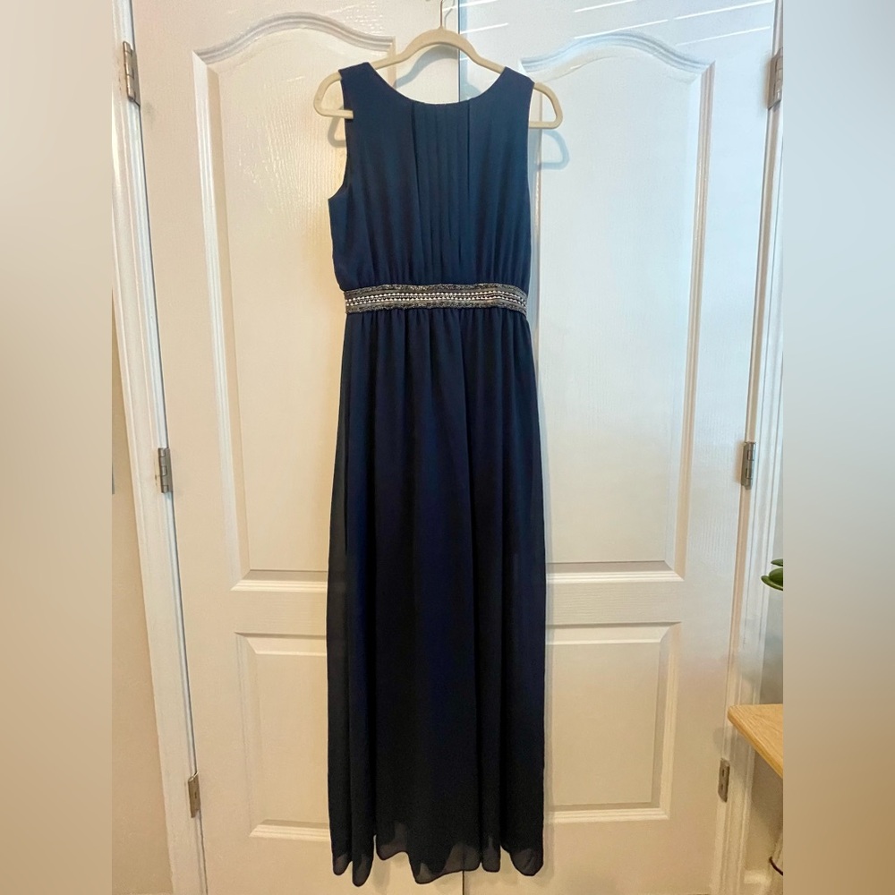 Floor Length Navy Blue Dress with Beaded Waist